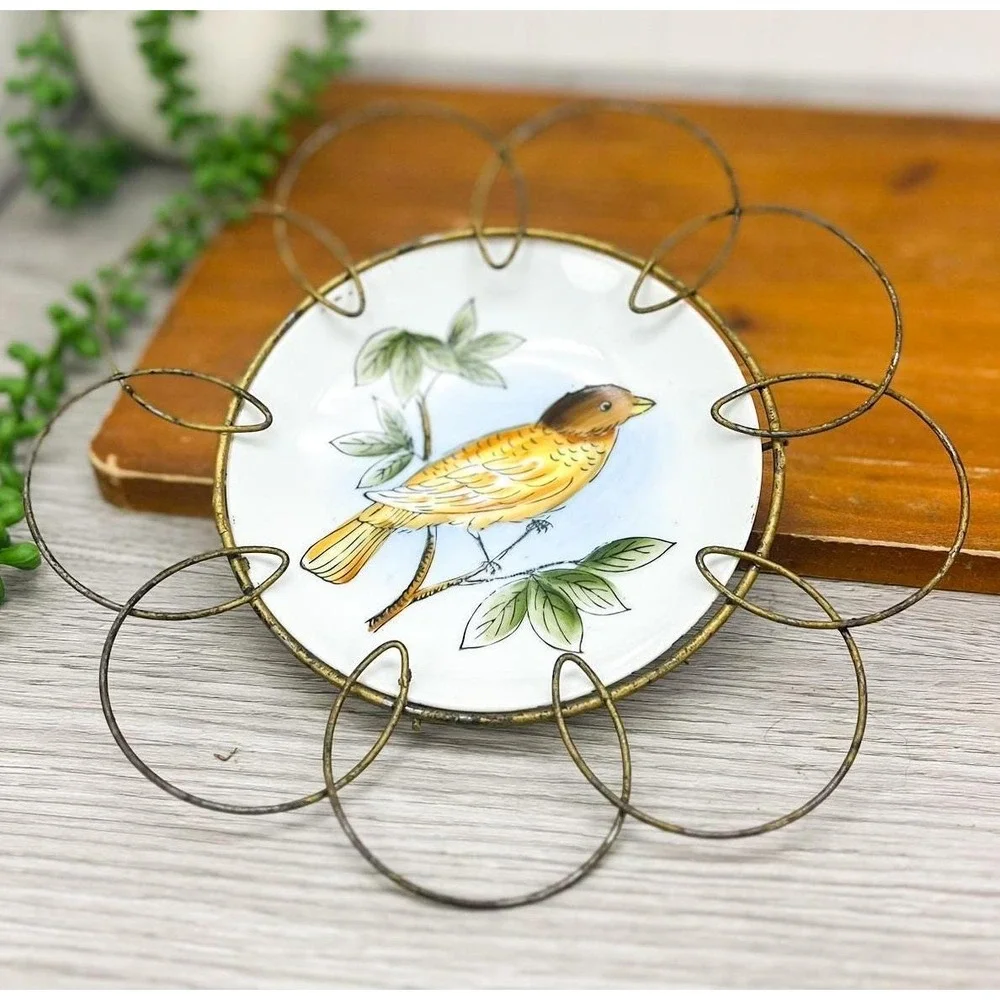 Vintage Bird Plate with Metal Hanger Set‎ of 2: Hand-Painted Ceramic Display